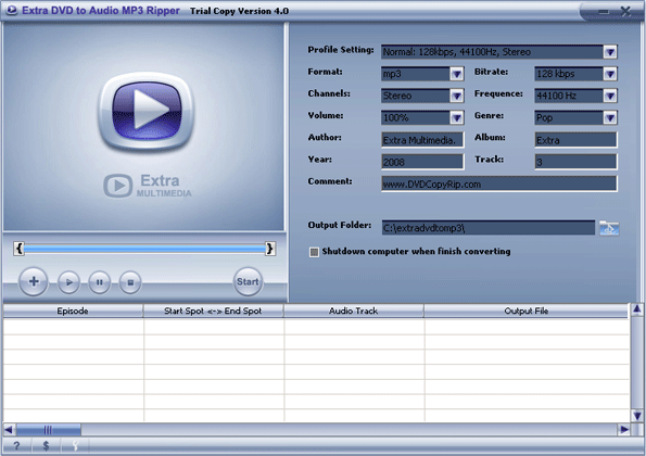 Extra DVD to Audio MP3 Ripper 8.21 software screenshot