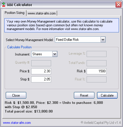 FREE Trade Position Size Calculator 1.4 software screenshot