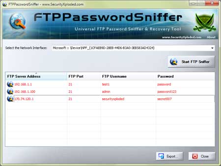 FTP Password Sniffer 5.0 software screenshot