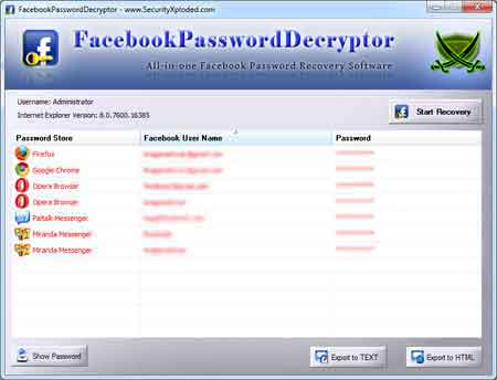 Facebook Password Decryptor 9.0 software screenshot