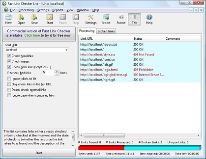 Fast Link Checker Lite 2.2 Build 607 software screenshot