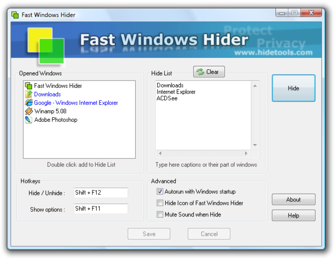 Fast Windows Hider 5.3.2 software screenshot