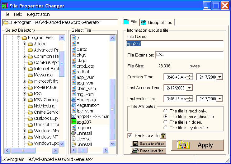 File Properties Changer 1.79 software screenshot