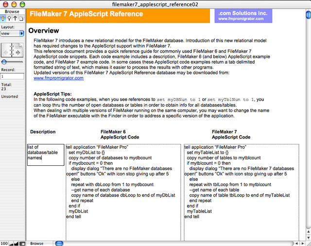 FileMaker 7 AppleScript Reference 2.0 software screenshot