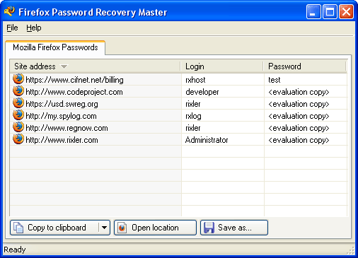 Firefox Password Recovery Master 1.1 software screenshot