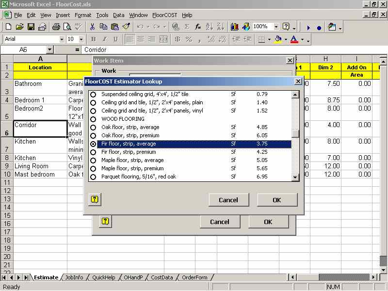 FloorCOST Estimator for Excel 9.0 software screenshot