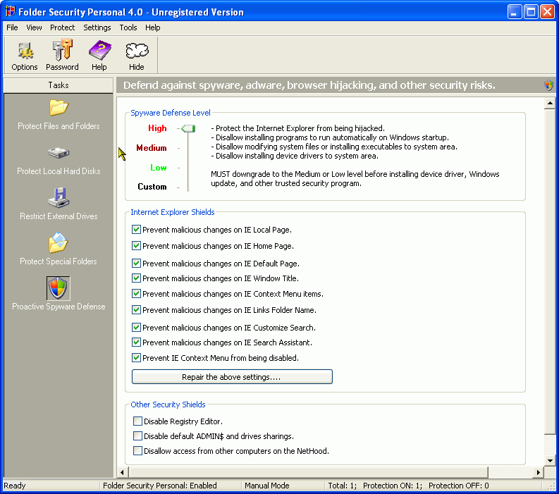 Folder Security Personal 4.1.312 software screenshot
