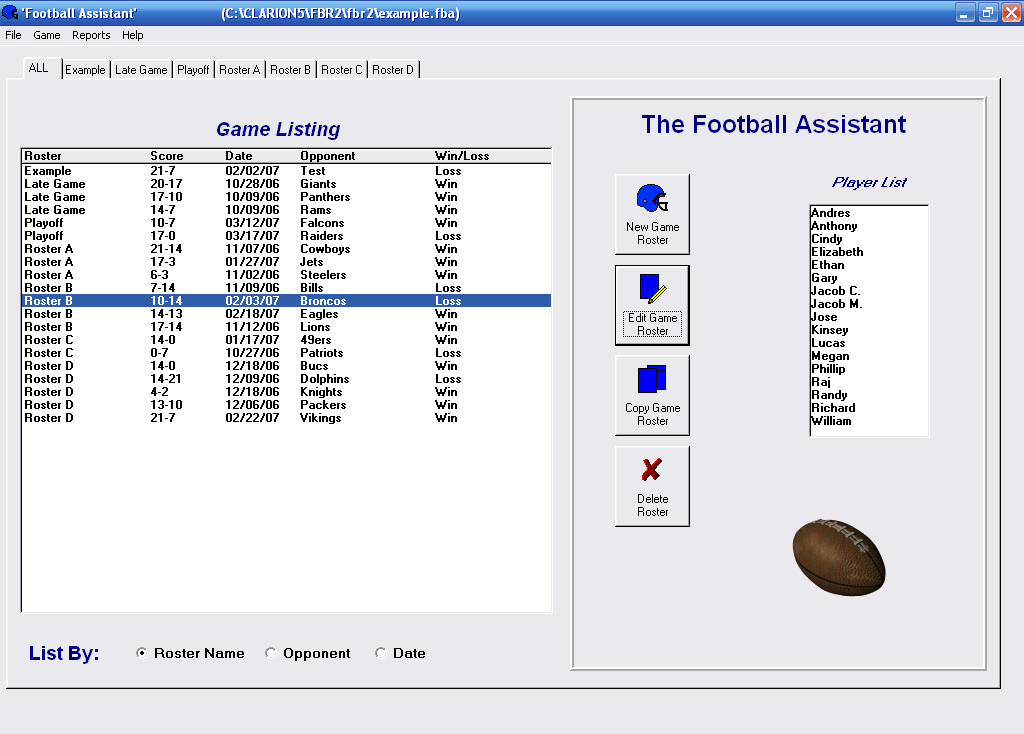 Football Roster Organizer 1.2 software screenshot