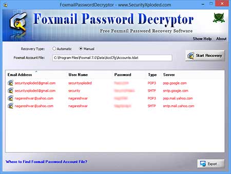 Foxmail Password Decryptor 2.5 software screenshot