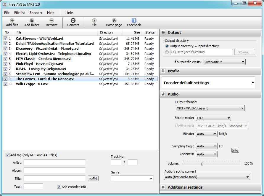 Free AVI to MP3 1.0 software screenshot