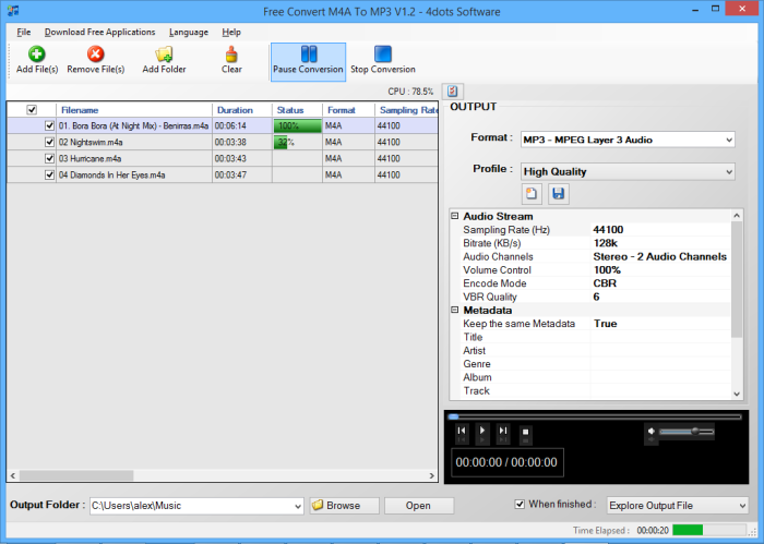 Free Convert M4A To MP3 3.1 software screenshot