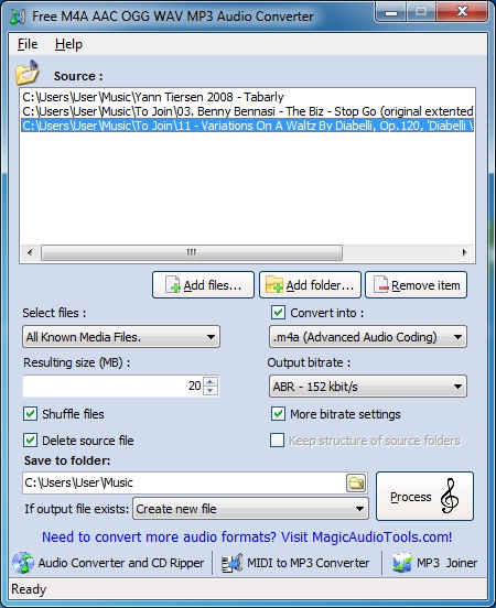 Free M4A AAC OGG WAV MP3 audio converter 2.5.18 software screenshot
