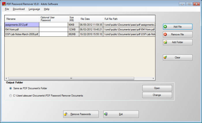 Free PDF Password Remover 2.1 software screenshot