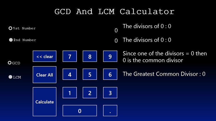 GCD and LCM Calculator for Windows 8 1.0.0.1 software screenshot