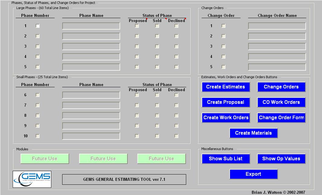 GEMS General Estimating Tool 7.1.3 software screenshot