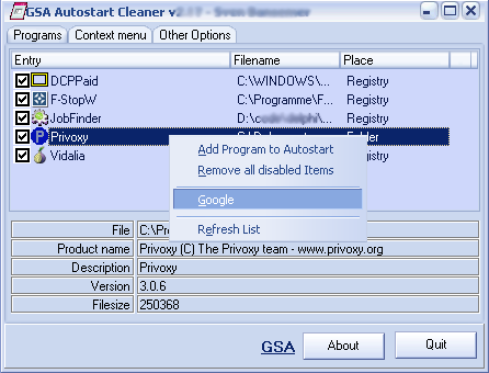 GSA Autostart Cleaner 2.39 software screenshot