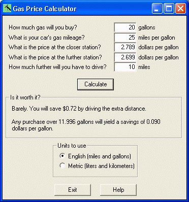 Gas Price Calculator 1.0 software screenshot