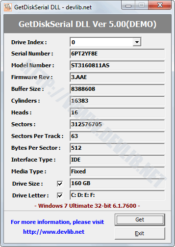 GetDiskSerial DLL 5.00 software screenshot