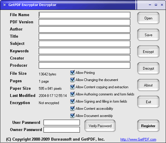 GetPDF Encryptor Decryptor 3.00 software screenshot