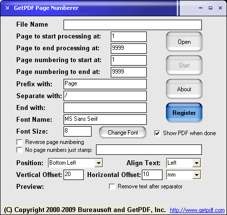 GetPDF Page Numberer 2.06 software screenshot