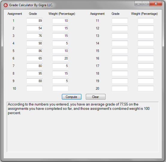 Grade Calculator 1.2 software screenshot