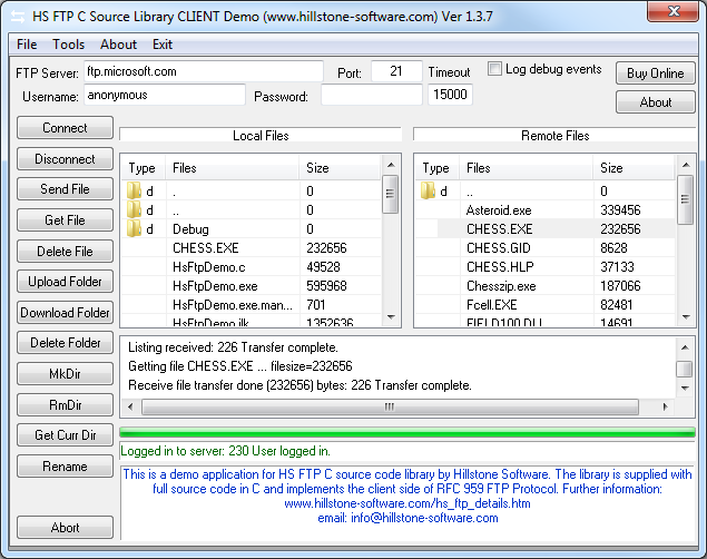 HS FTP C Source Library 1.3.7 software screenshot