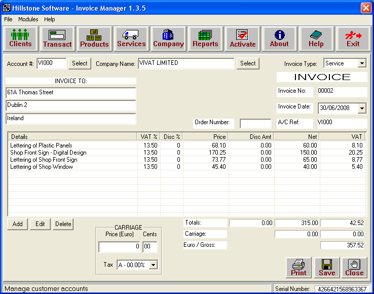 HS Invoice Manager 1.3.4 software screenshot