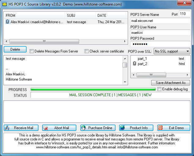 HS POP3 Library 2.0.2 software screenshot