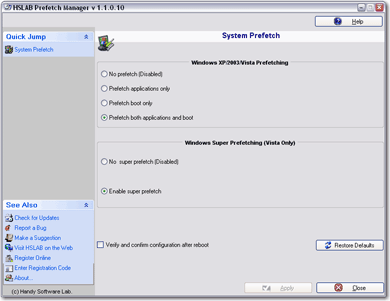 HSLAB Prefetch Manager 1.4.830.2010 software screenshot