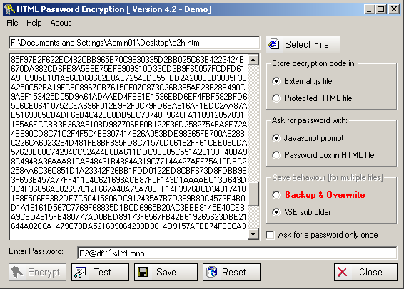 HTML Password Encryption 4.20.02 software screenshot