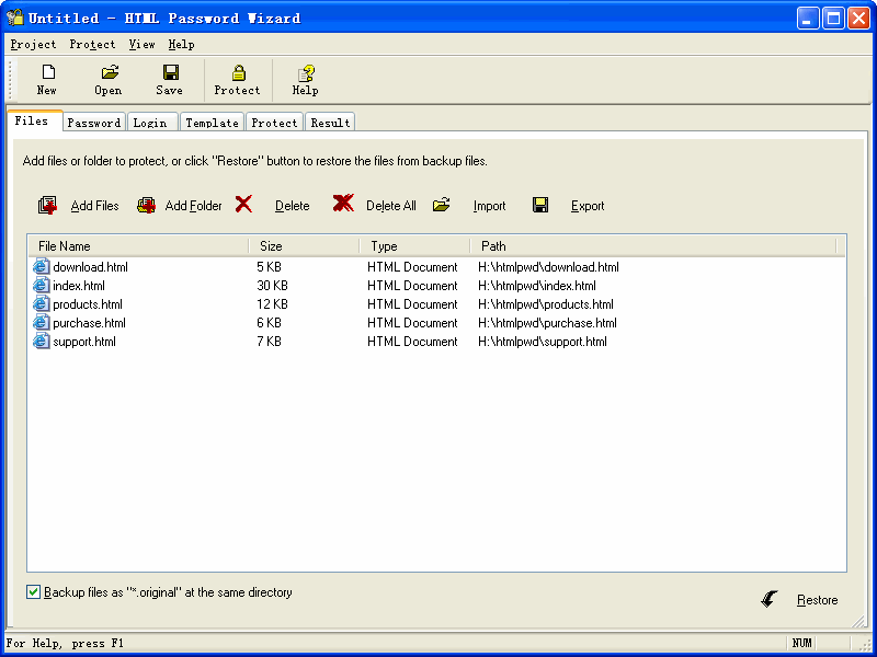 HTML Password Wizard 3.6 software screenshot