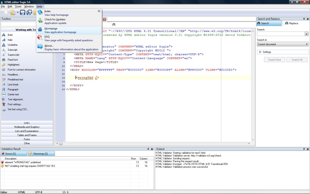 HTML editor Yugie 5.3.1.2 software screenshot