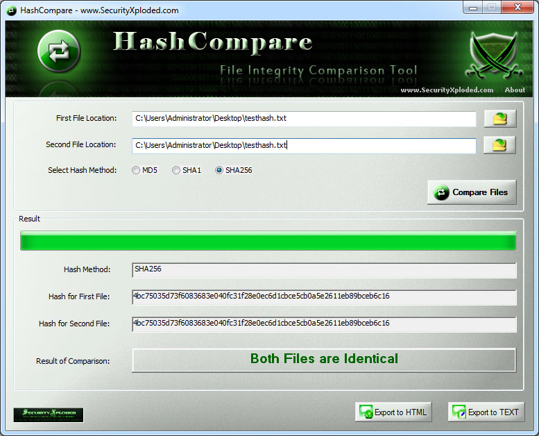 HashCompare 2.0 software screenshot