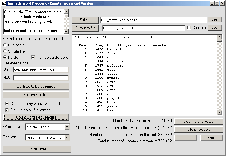 Hermetic Word Frequency Counter Advanced 23.22d software screenshot