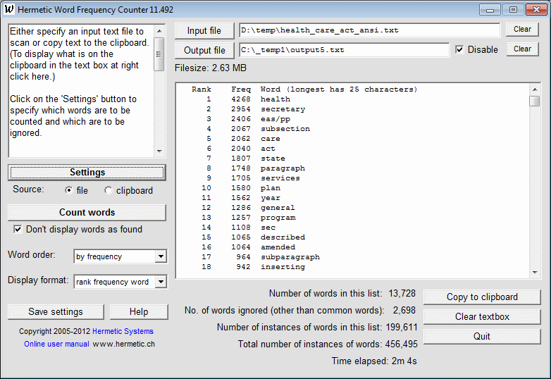 Hermetic Word Frequency Counter 15.52t software screenshot