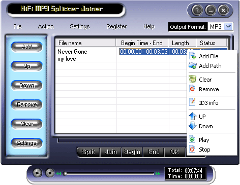 HiFi MP3 Splitter Joiner 3.00.07 software screenshot