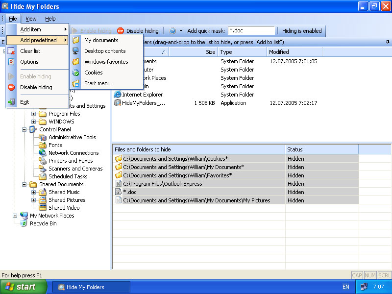 Hide My Folders 2.1 software screenshot