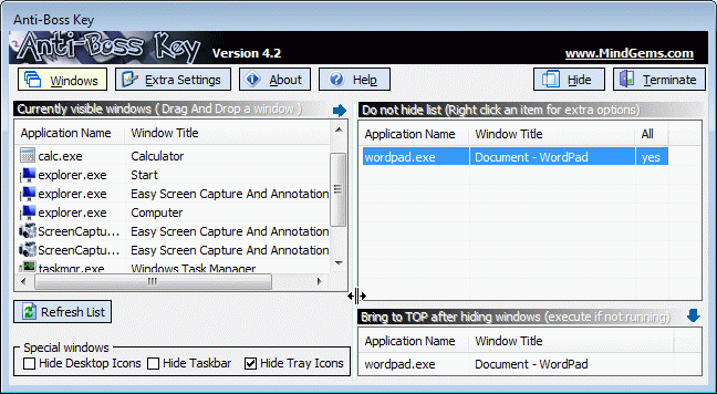 Hide Windows Free 4.4 software screenshot
