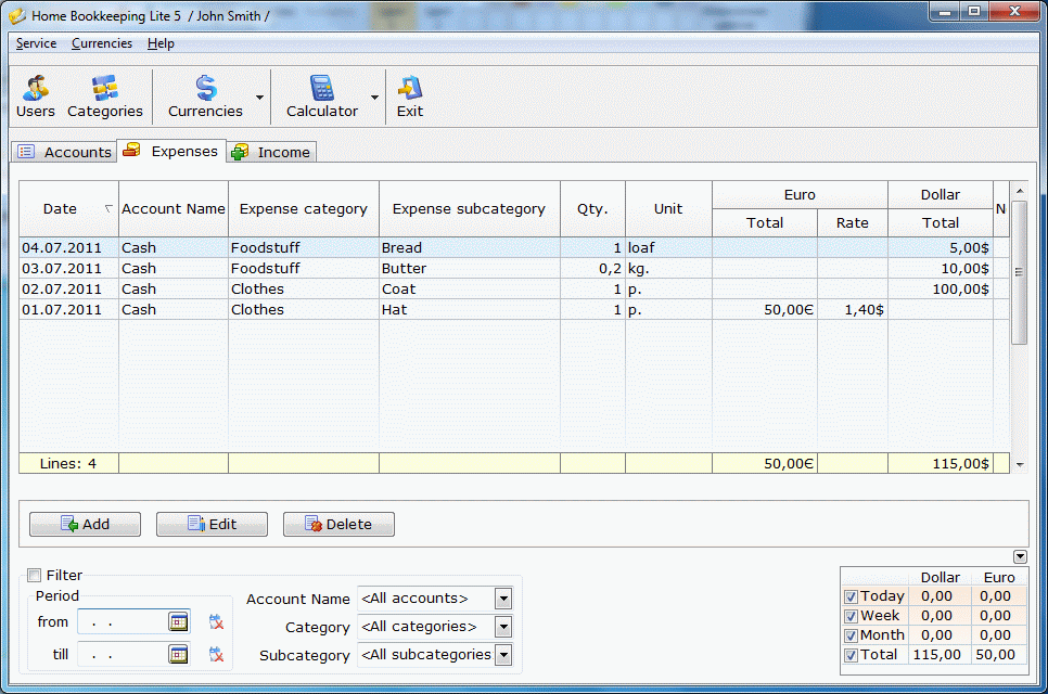 Home Bookkeeping Lite 5.2.0.71 software screenshot