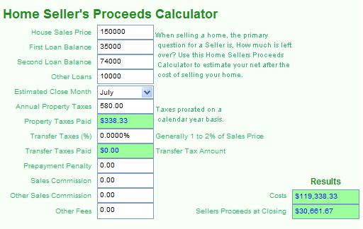 Home Sellers Proceeds Calculator 2.1.2 software screenshot