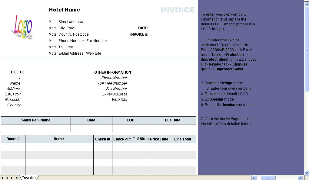 Hotel Invoice Template 1.10 software screenshot