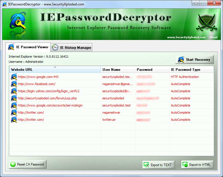 IE Password Decryptor Portable 6.0 software screenshot