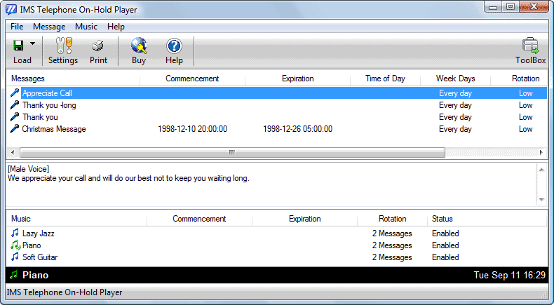 IMS Telephone On-Hold Player Software 4.21 software screenshot