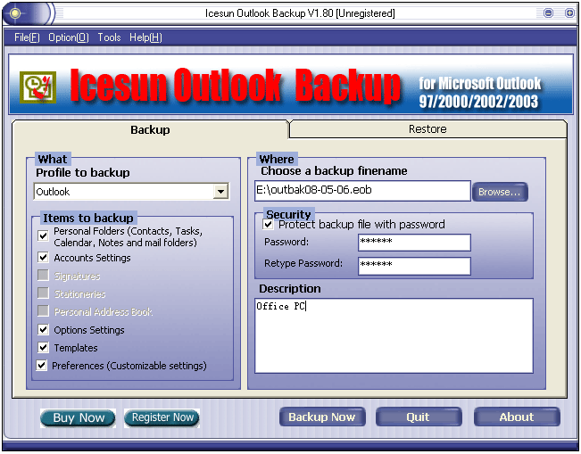Icesun Outlook Backup 2.60 software screenshot