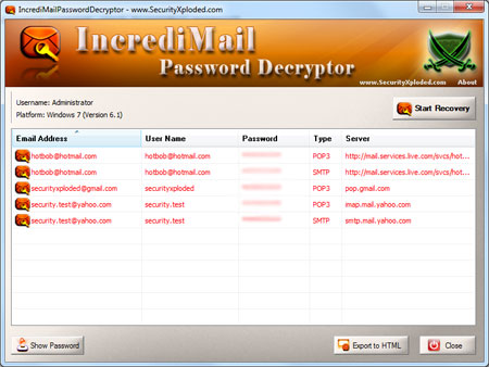 IncrediMail Password Decryptor 3.0 software screenshot