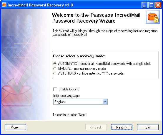 IncrediMail Password Recovery 1.4.3 software screenshot