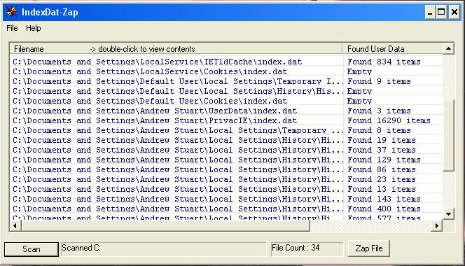 Index.Dat Viewer and Zapper 1.05 software screenshot