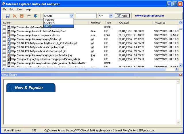 Index.dat Analyzer 2.5 software screenshot