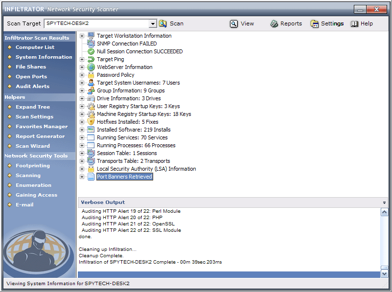 Infiltrator Network Security Scanner 4.60 software screenshot