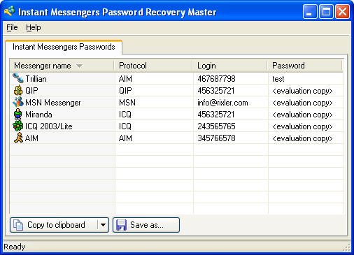 Instant Messengers Password Recovery Master 1.1 software screenshot